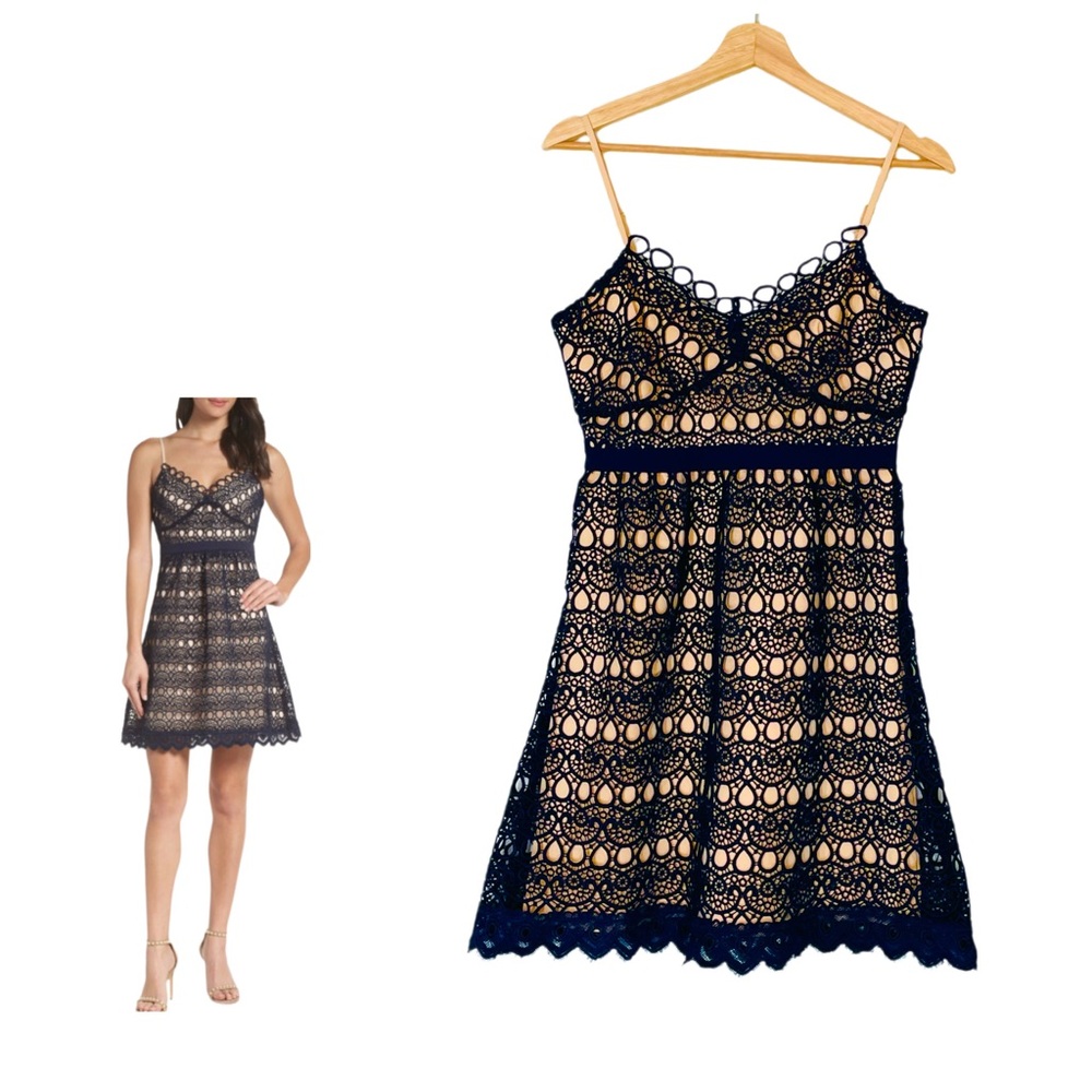 Foxiedox Hellia Lace A-Line Mini Dress Nude Lining Adjustable Straps Navy XS
